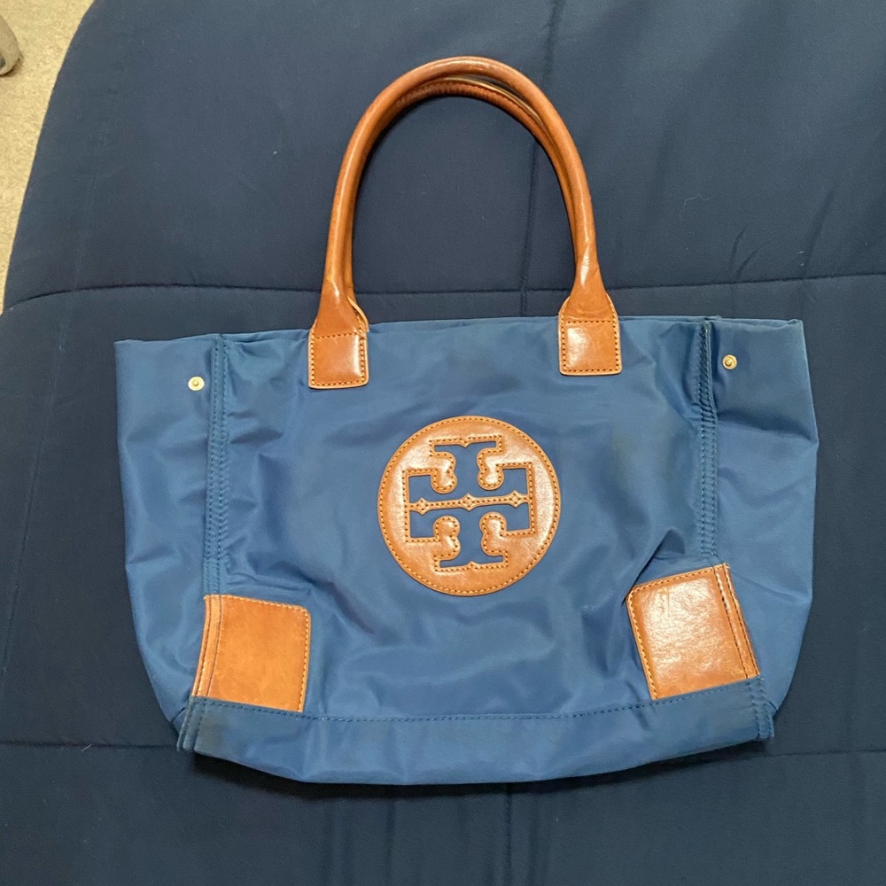 Tory Burch Navy Blue Nylon Tote with Tan Leather Trim